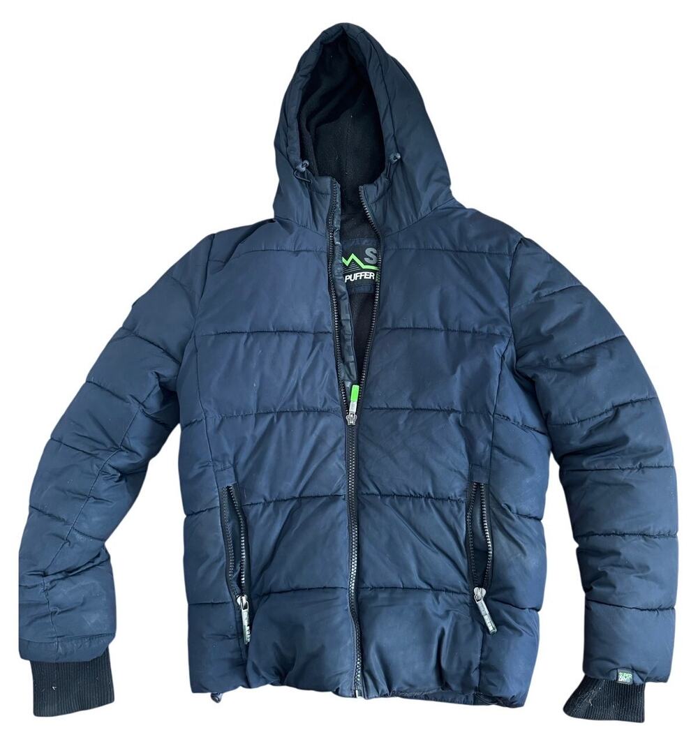 Superdry Sports Puffer Jacket Navy Blue Hooded Zip Fleece Lined Medium
